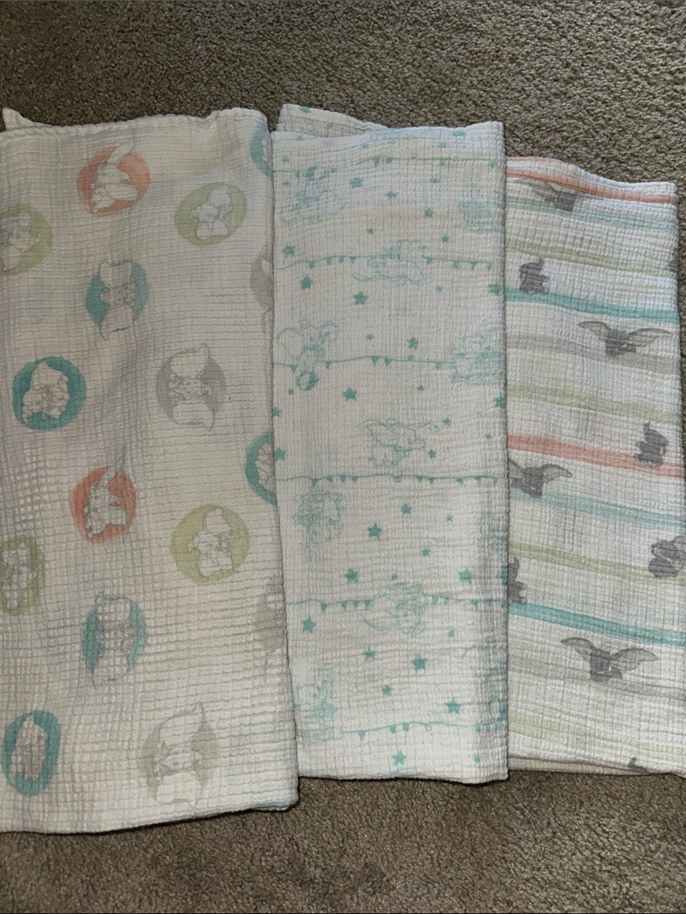 Disneys Dumbo - Set of 3 Muslin Baby Swaddle Blankets Pastel Prints- 100% cotton